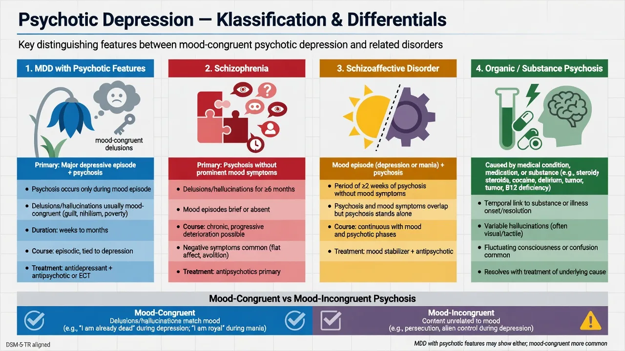 Four-panel classification comparing psychotic depression, schizophrenia, schizoaffective disorder, and organic or substance psychosis