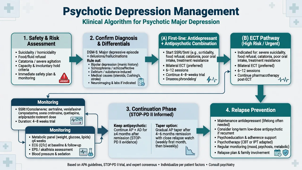 Management algorithm for psychotic depression from safety assessment through combination pharmacotherapy or ECT to continuation care