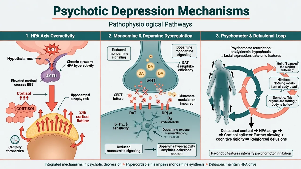 Three-panel mechanism diagram of HPA-axis overactivity, monoamine-dopamine interaction, and delusional cognitive content loop in psychotic depression