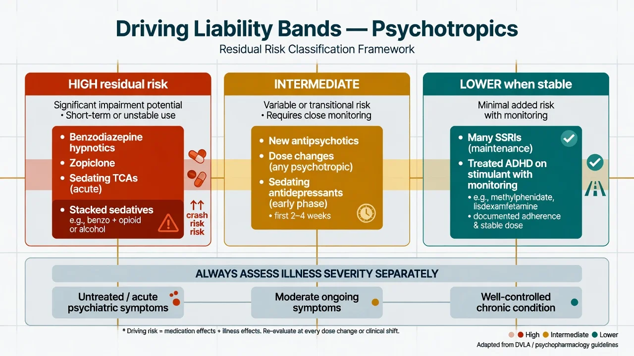 Three-column educational framework of high intermediate and lower driving liability psychotropic bands with separate illness severity assessment