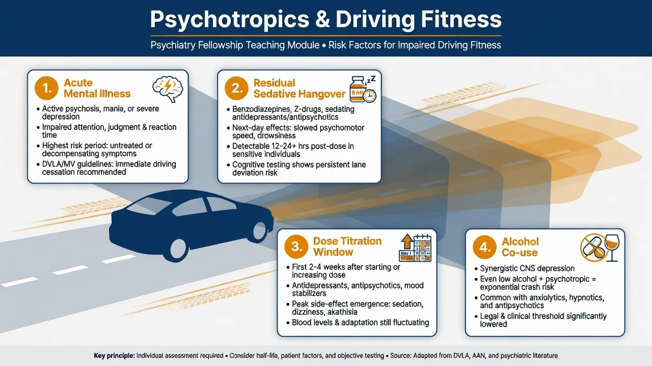 Educational overview graphic of psychotropics sedation and driving fitness with layered risk sources including illness residual sedation titration and alcohol