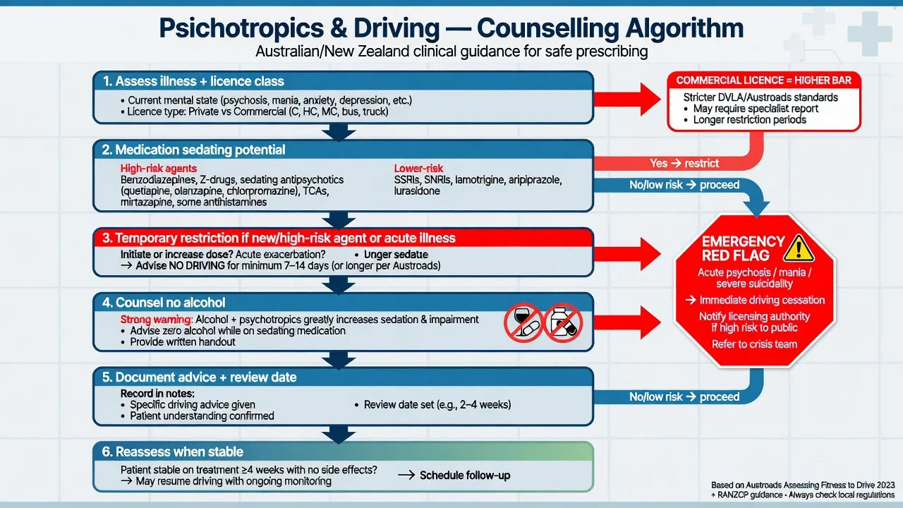 Stepwise clinical algorithm for psychotropics and driving counselling from assessment through temporary restriction documentation and reassessment