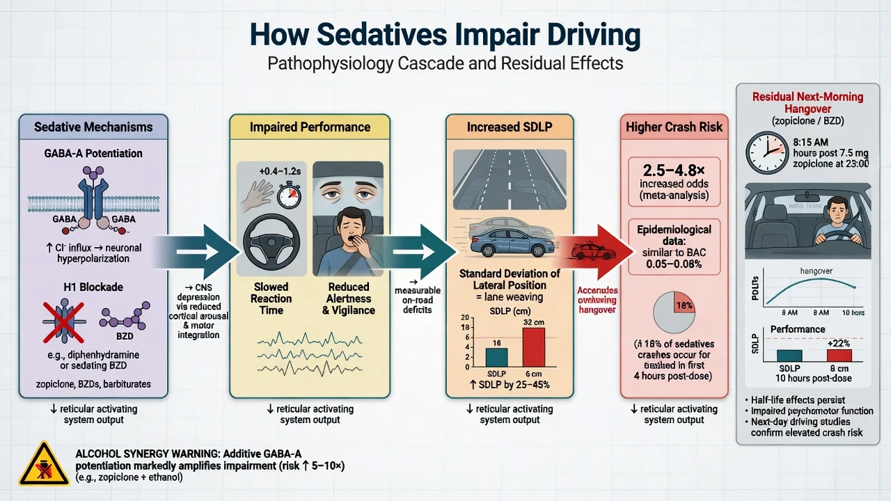 Educational cascade from GABA-A and H1 blockade through slowed reaction time to increased SDLP and crash risk with residual hangover and alcohol synergy panels