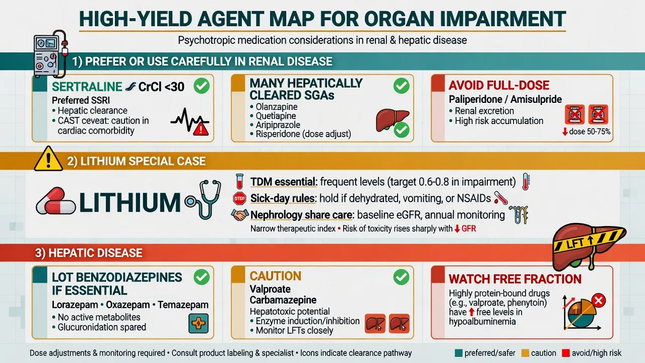 Educational agent map for renal and hepatic psychotropic choices including lithium special case and LOT benzodiazepines