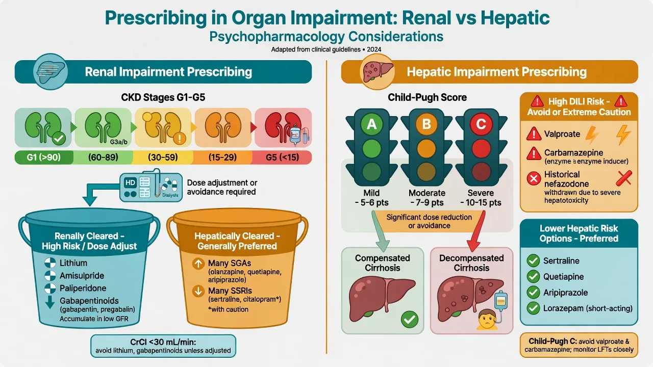 Two-column educational framework: renal impairment with CKD stages and renally cleared drugs versus hepatic impairment with Child-Pugh stages and high-DILI psychotropics