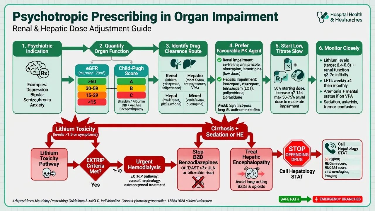 Clinical algorithm from organ staging through agent choice and TDM to emergency branches for lithium toxicity, hepatic encephalopathy and DILI