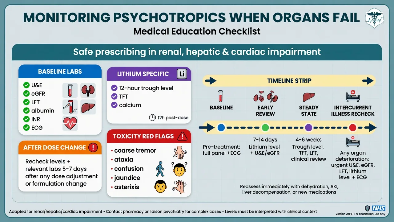 Educational monitoring checklist for psychotropics in organ impairment: baseline labs, lithium troughs, toxicity red flags, recheck after illness
