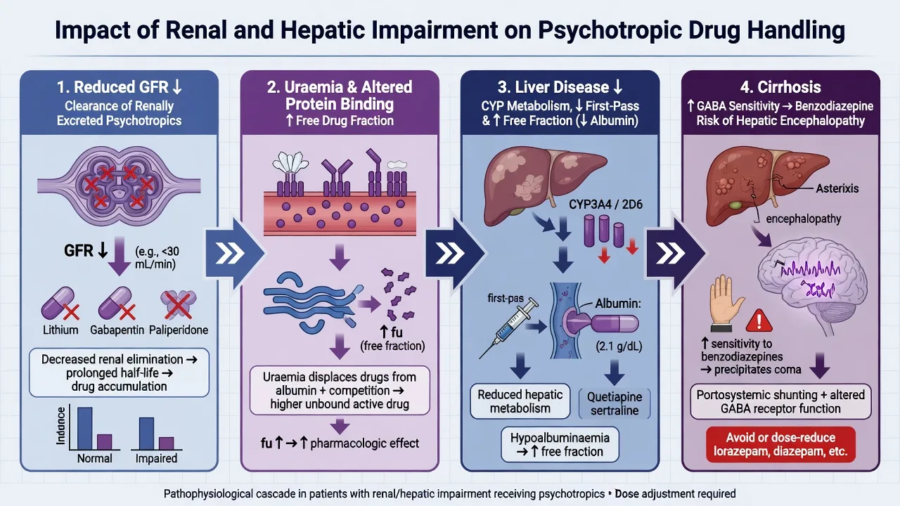 Four-panel educational cascade: reduced GFR, uraemic protein-binding changes, hepatic CYP reduction with low albumin free fraction, and benzodiazepine risk for hepatic encephalopathy
