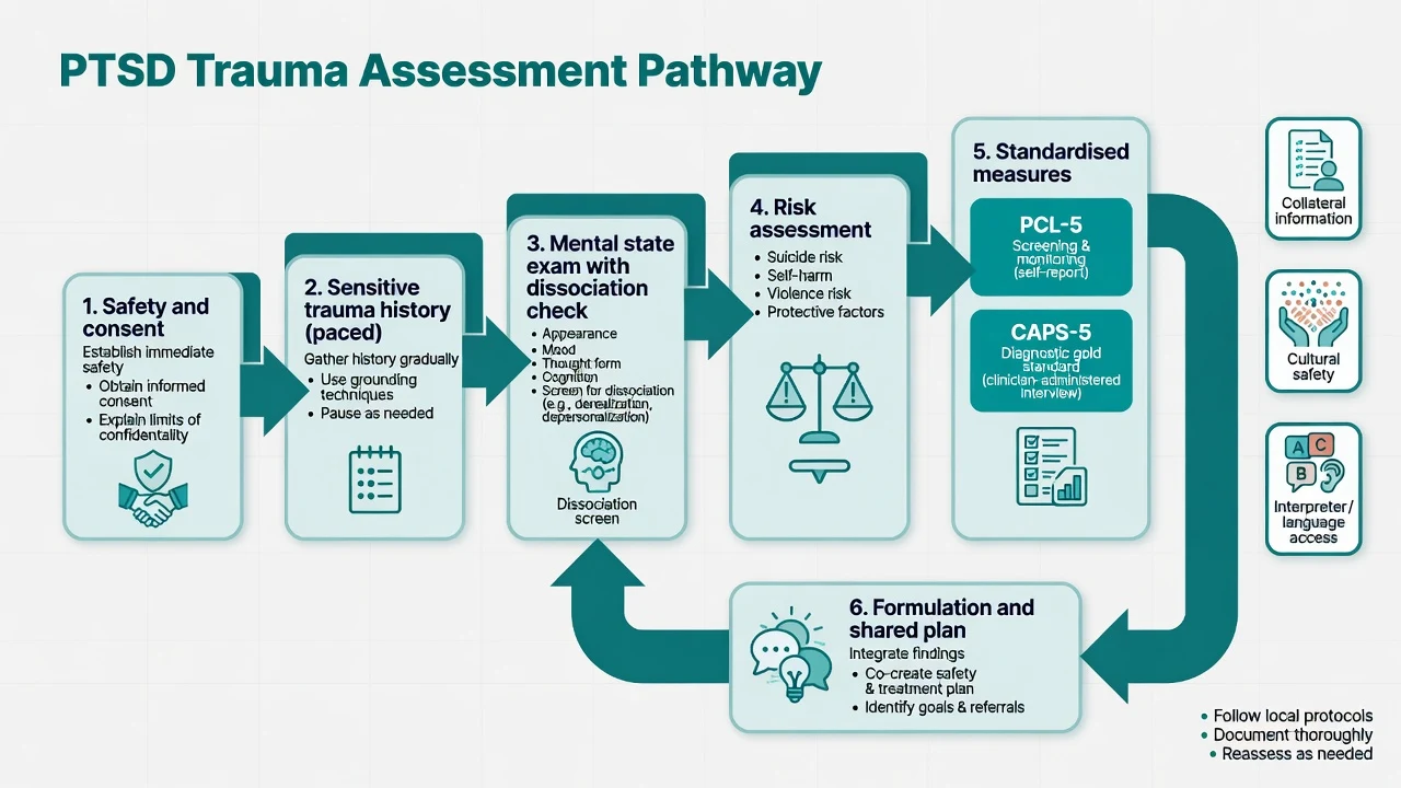 Trauma-informed assessment pathway from safety to PCL-5 and CAPS-5