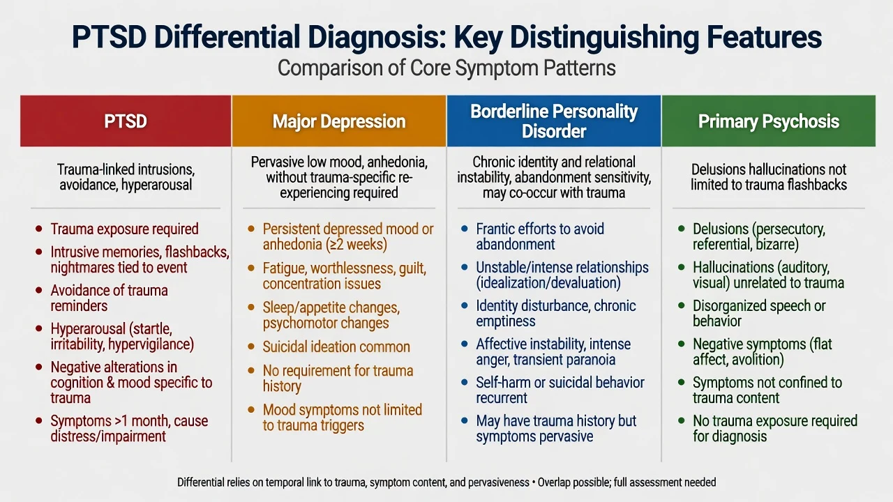 Four-column differential of PTSD versus depression, BPD and psychosis