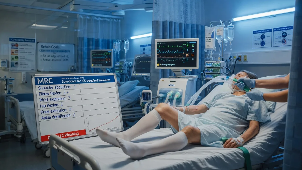 Cinematic ICU scene of an ICU survivor on a treadmill with a physiotherapist and an inspiratory muscle trainer, the oxygen saturation on a finger probe, clinical-blue lighting, medical educational, no faces, no text