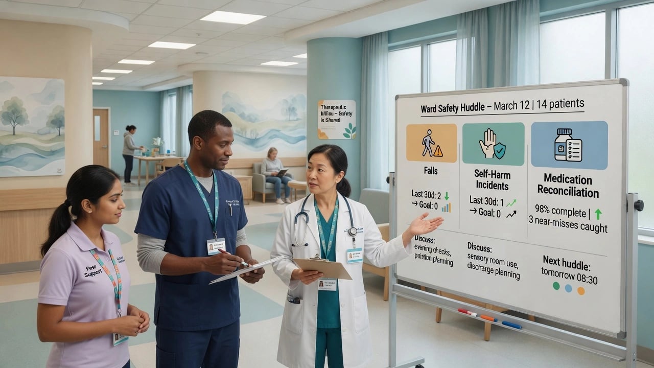 Multidisciplinary psychiatric ward team at a safety huddle reviewing falls, self-harm, and medication metrics on a whiteboard