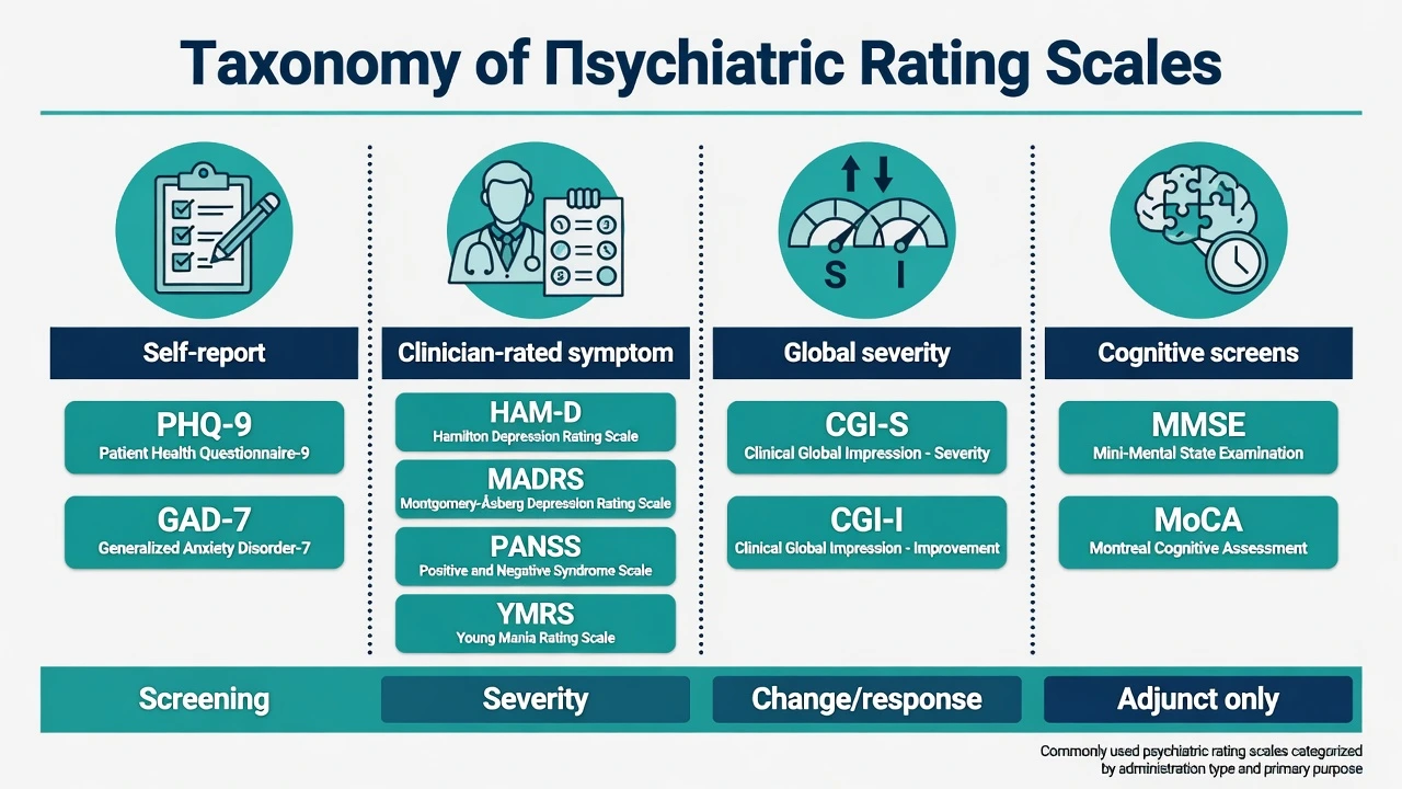 Taxonomy of psychiatric rating scales by self-report, clinician-rated, global severity, and cognitive screening purposes