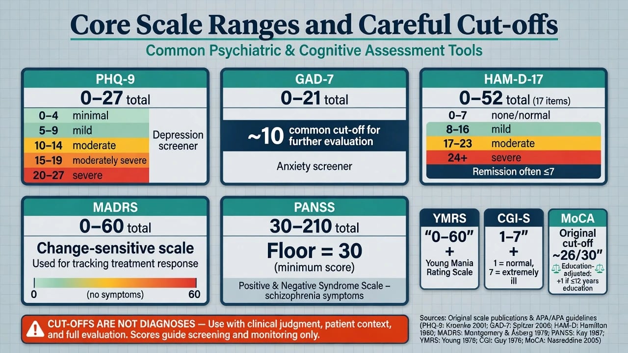Summary cards of score ranges and careful cut-offs for PHQ-9, GAD-7, HAM-D, MADRS, PANSS, YMRS, CGI, and MoCA
