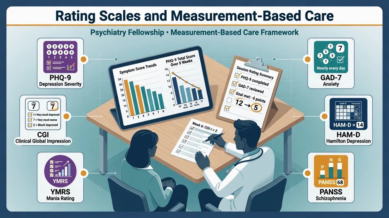 Educational illustration of collaborative measurement-based care with symptom score trends and core psychiatric scale icons