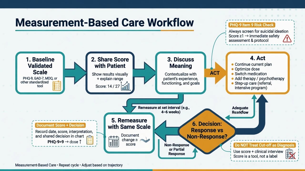 Flowchart of measurement-based care workflow from baseline scale through share discuss act remeasure and response decision