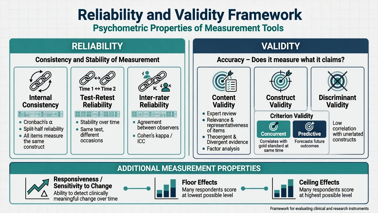 Diagram of reliability types and validity types for psychiatric rating scales including responsiveness and floor-ceiling effects