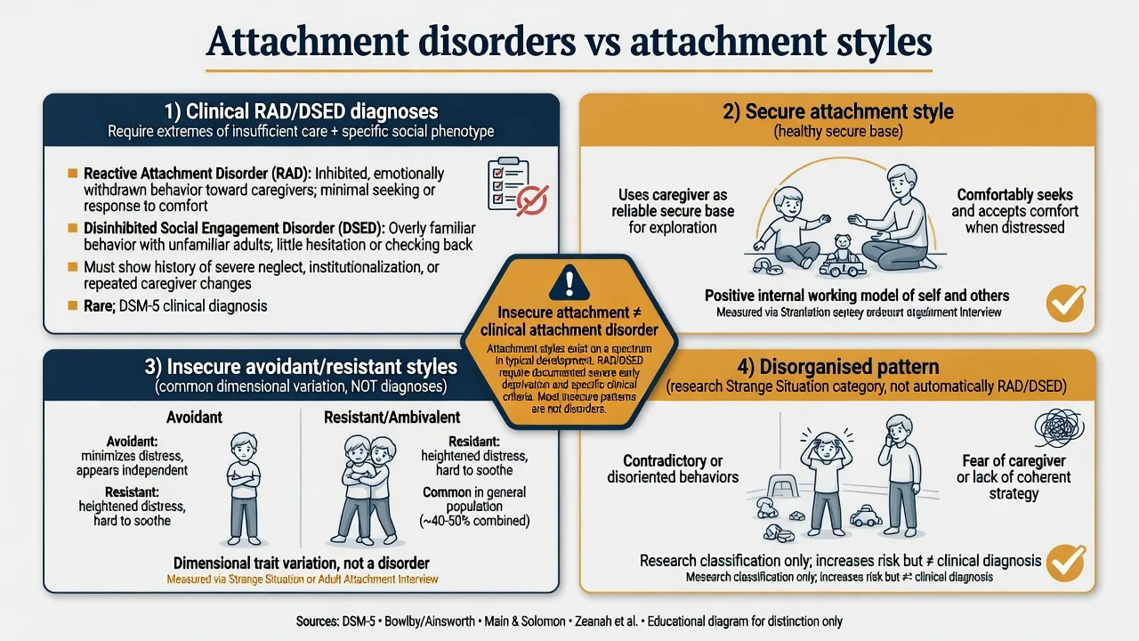 Educational diagram distinguishing clinical attachment disorders RAD and DSED from non-diagnostic attachment styles secure insecure disorganised