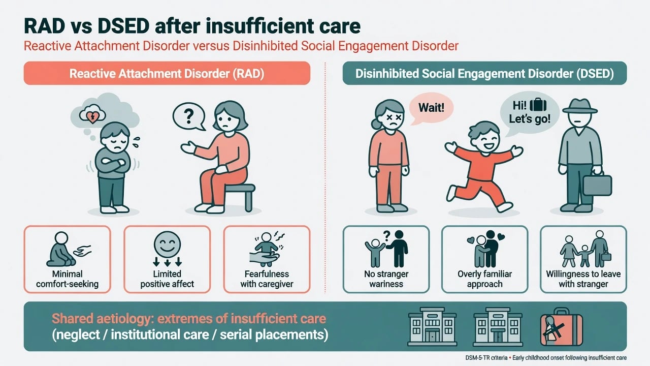 Educational comparison of reactive attachment disorder withdrawn pattern versus disinhibited social engagement disorder overfamiliar stranger approach after insufficient care