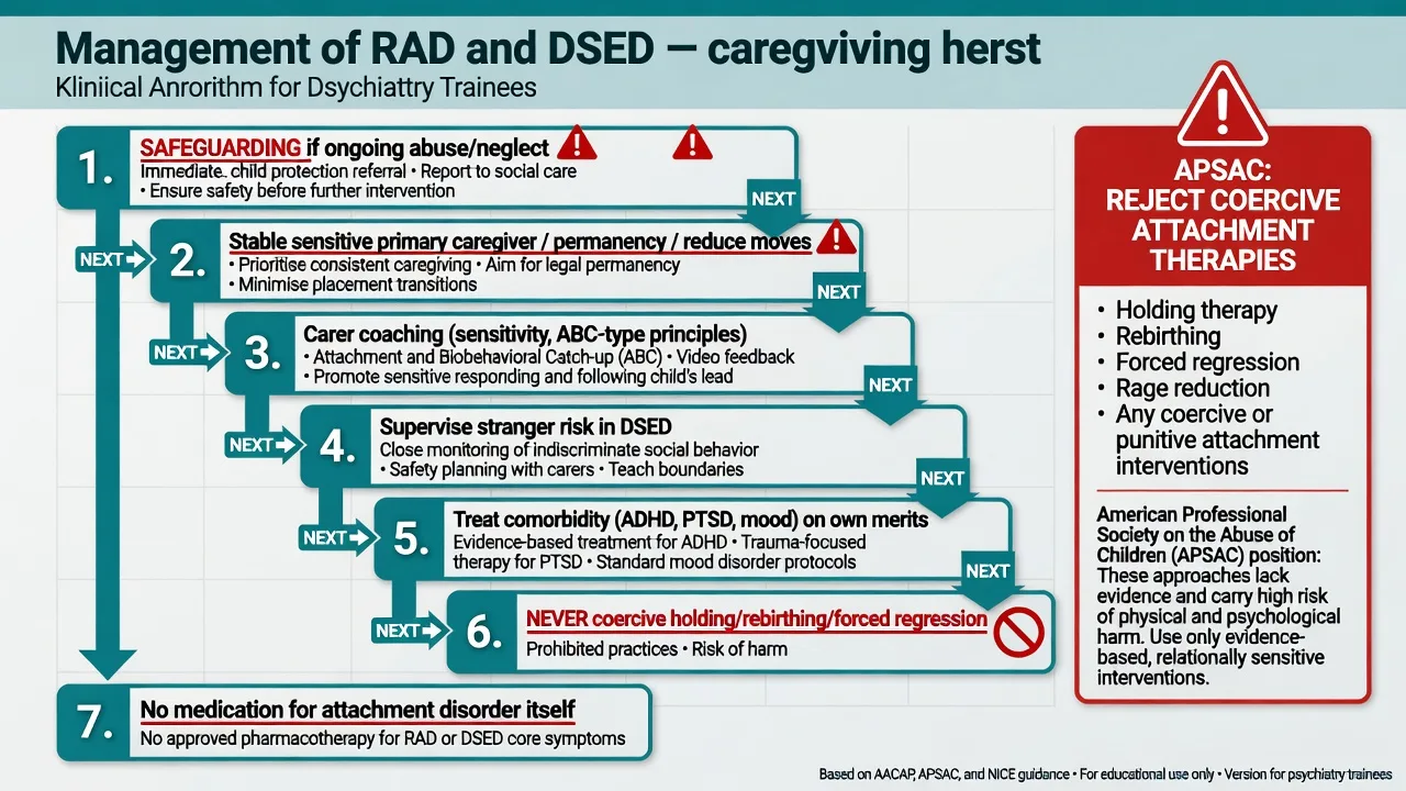 Stepped care algorithm for attachment disorders safeguarding stable caregiving carer coaching comorbidity treatment rejecting coercive therapies