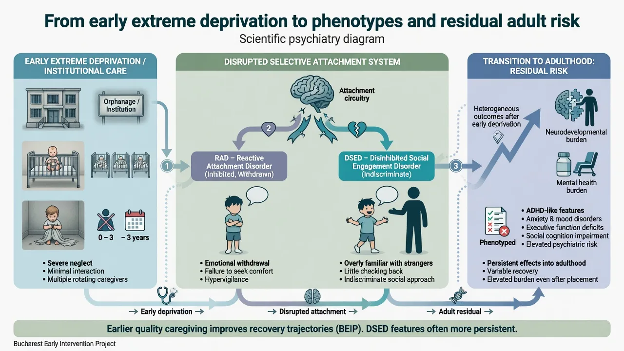 Educational pathway diagram from extreme caregiving deprivation through attachment system disruption to RAD and DSED phenotypes and residual adult risk