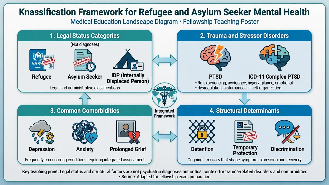 Four-box framework: legal status categories, trauma disorders, common comorbidities, structural determinants
