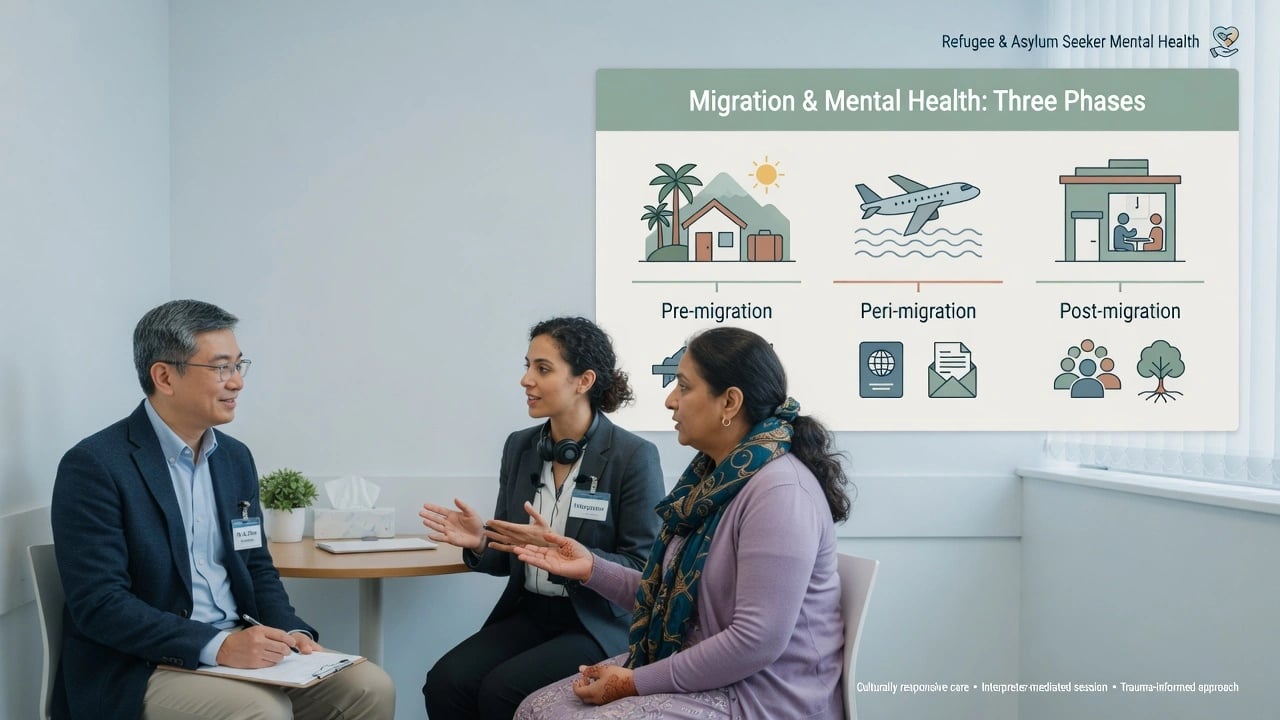 Psychiatrist, patient, and professional interpreter in a calm clinic with pre peri post migration panel