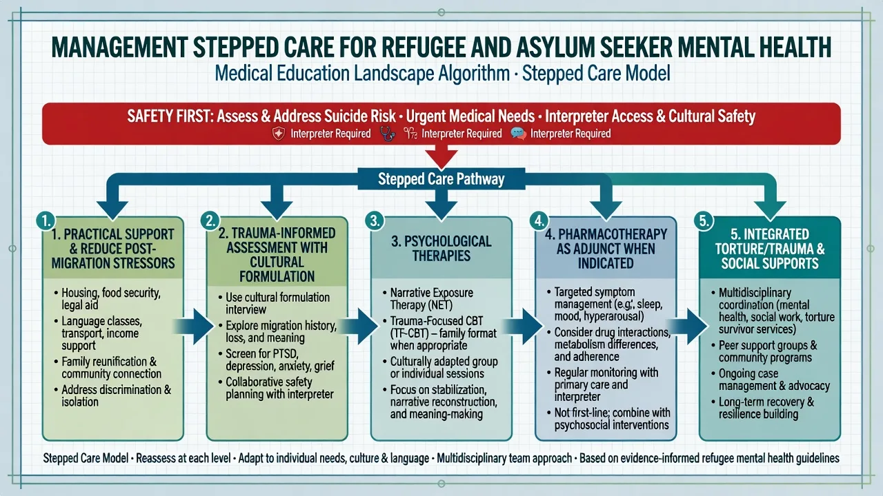 Stepped care algorithm: safety, PMLD reduction, trauma-informed assessment, psychological therapies, medication adjunct, integrated supports