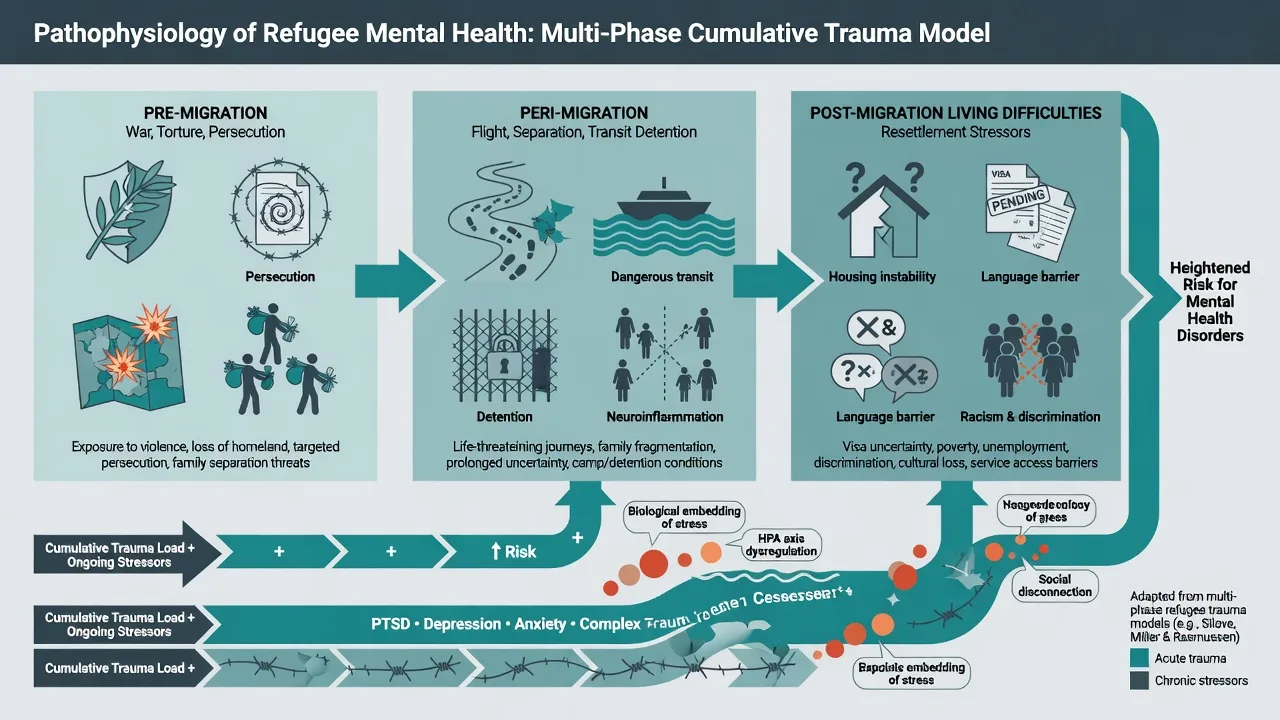 Three-phase pathway pre peri post migration leading to cumulative trauma load and PMLD-maintained morbidity