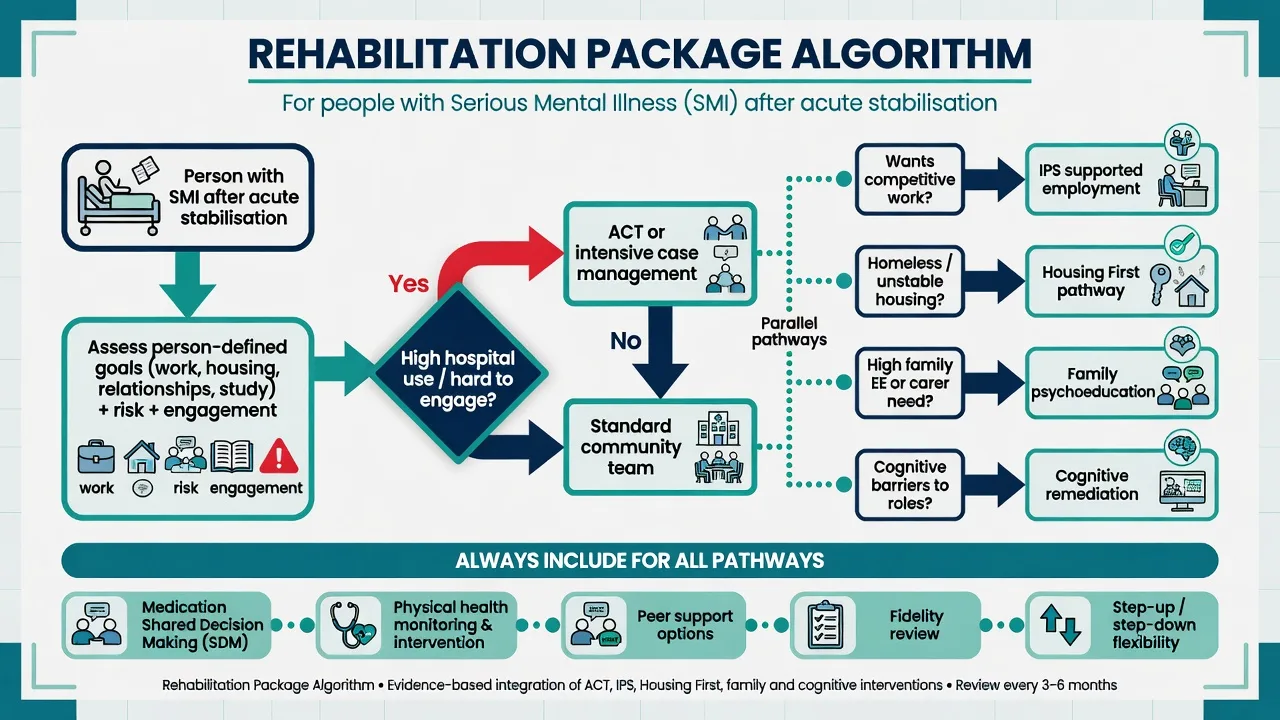 Clinical algorithm matching rehabilitation intensity and packages to goals including ACT, IPS, Housing First and family psychoeducation