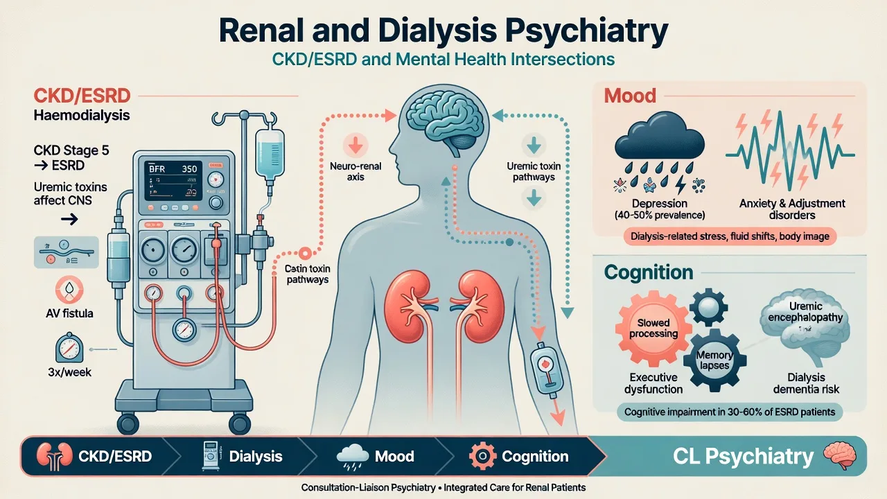 Renal and dialysis psychiatry concept linking kidneys dialysis machine brain mood and cognition