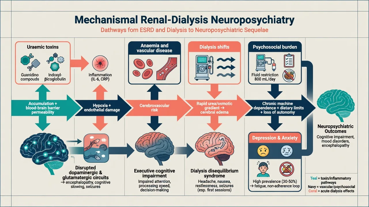 Pathophysiology of uraemic toxins inflammation cerebrovascular disease dialysis shifts and psychosocial burden affecting brain