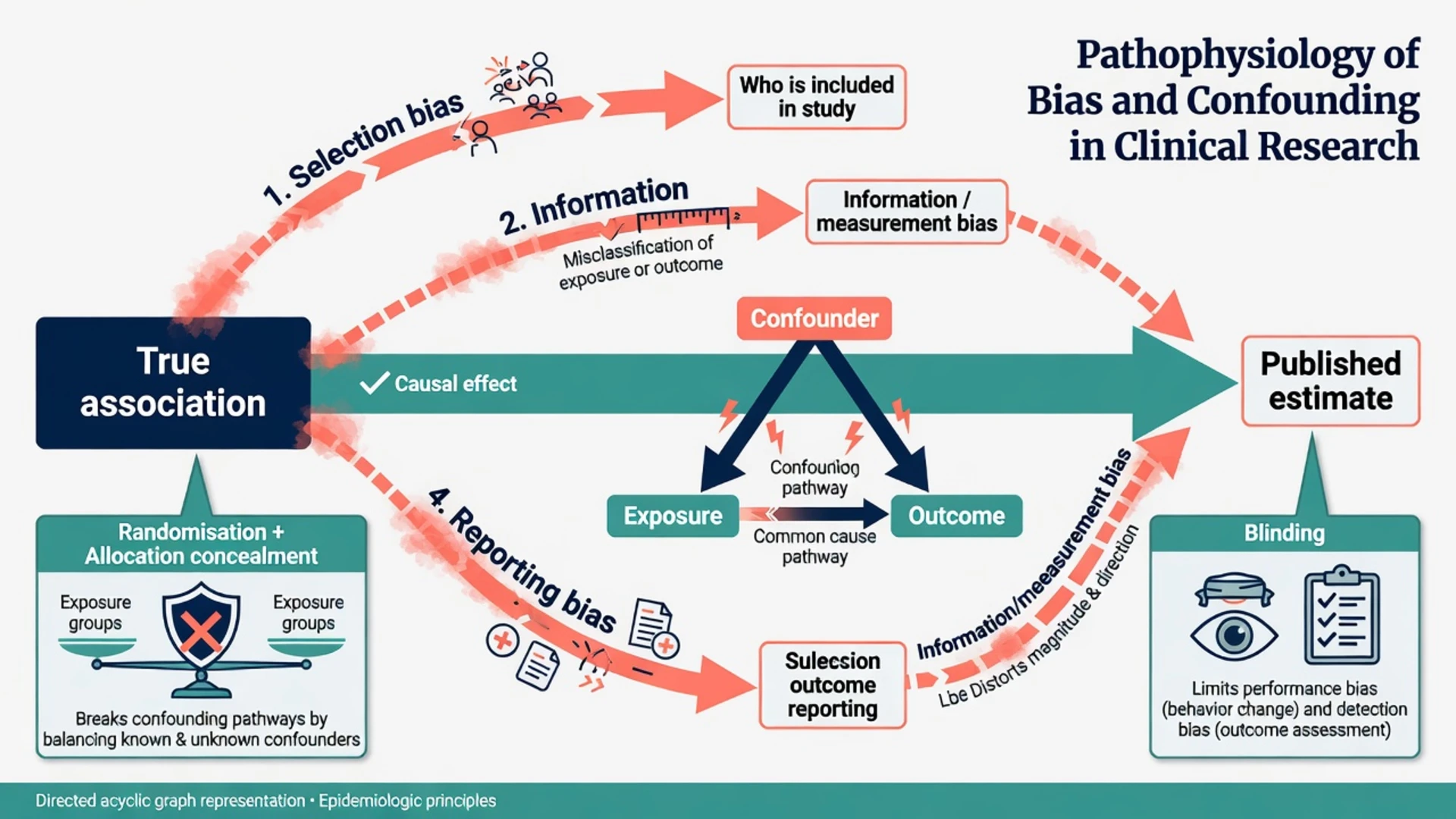 Diagram of bias pathways and confounding triangle distorting true association into published estimate