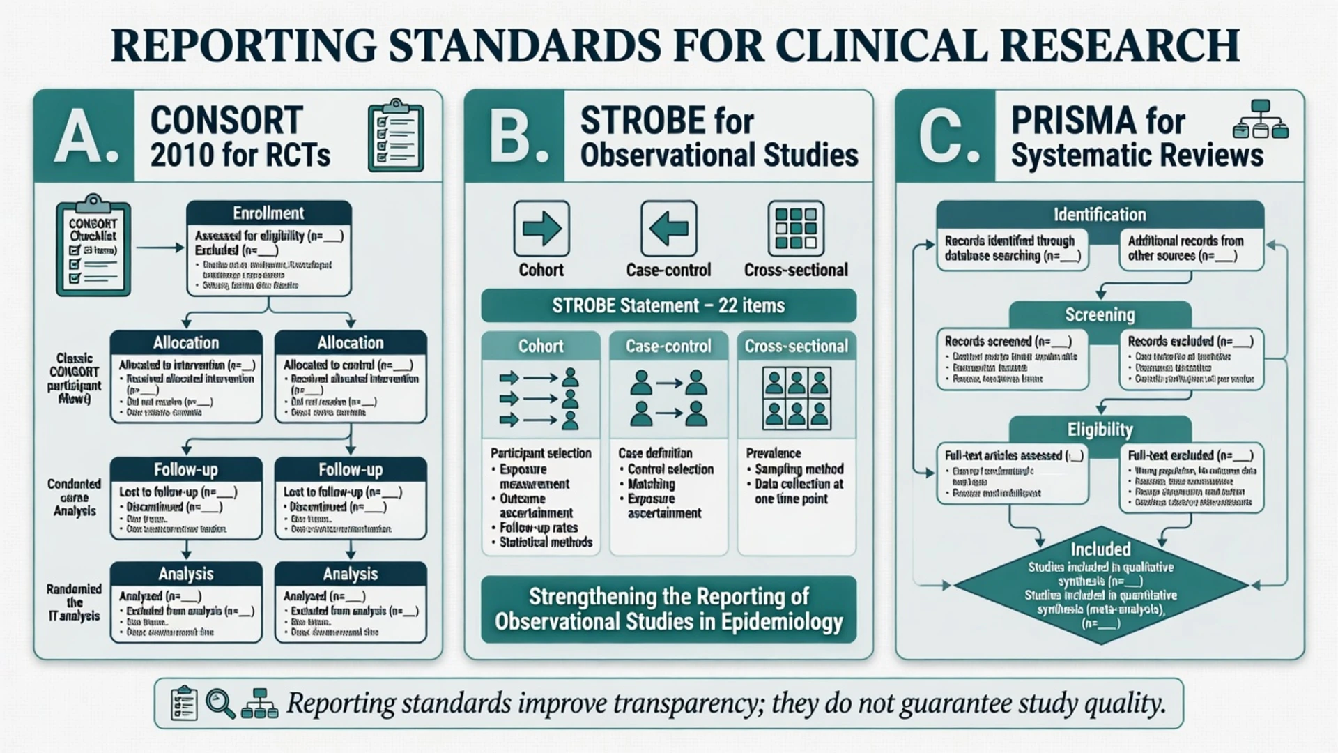 Three panels for CONSORT STROBE and PRISMA reporting standards