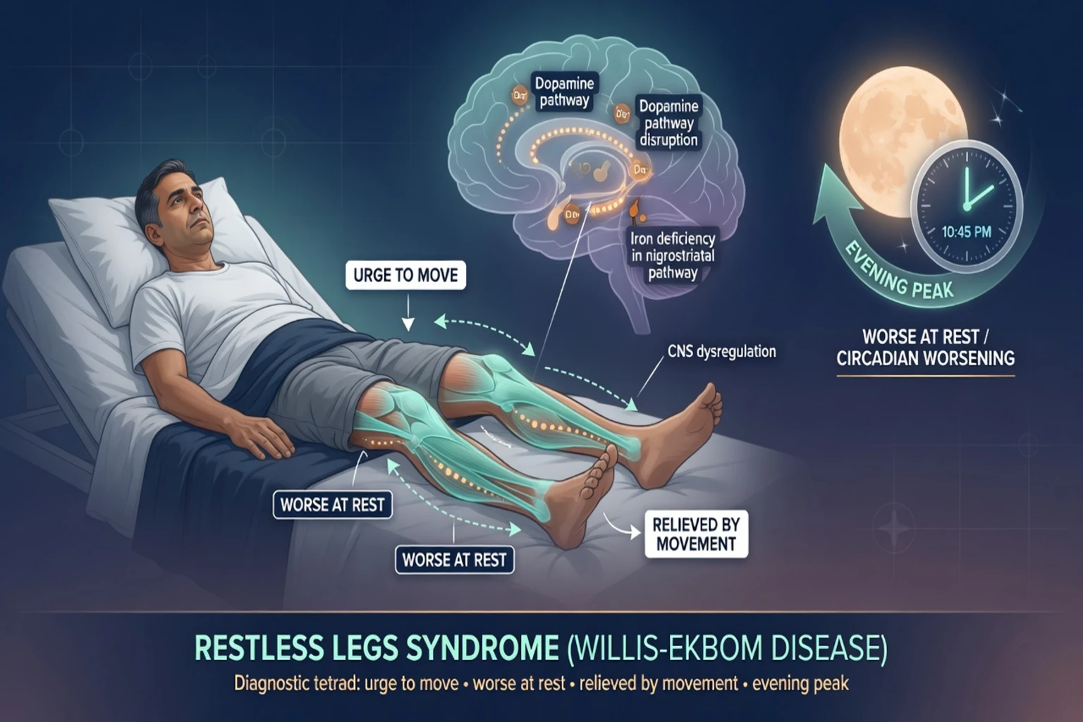 Educational overview of restless legs syndrome at night with urge-to-move, circadian evening peak, and brain-iron dopamine framing