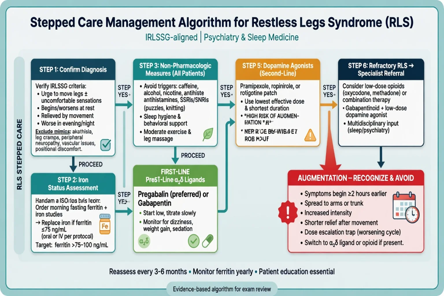 Stepped management algorithm for RLS from criteria confirmation and iron repletion through α2δ ligands, dopamine agonists with augmentation warning, and refractory care