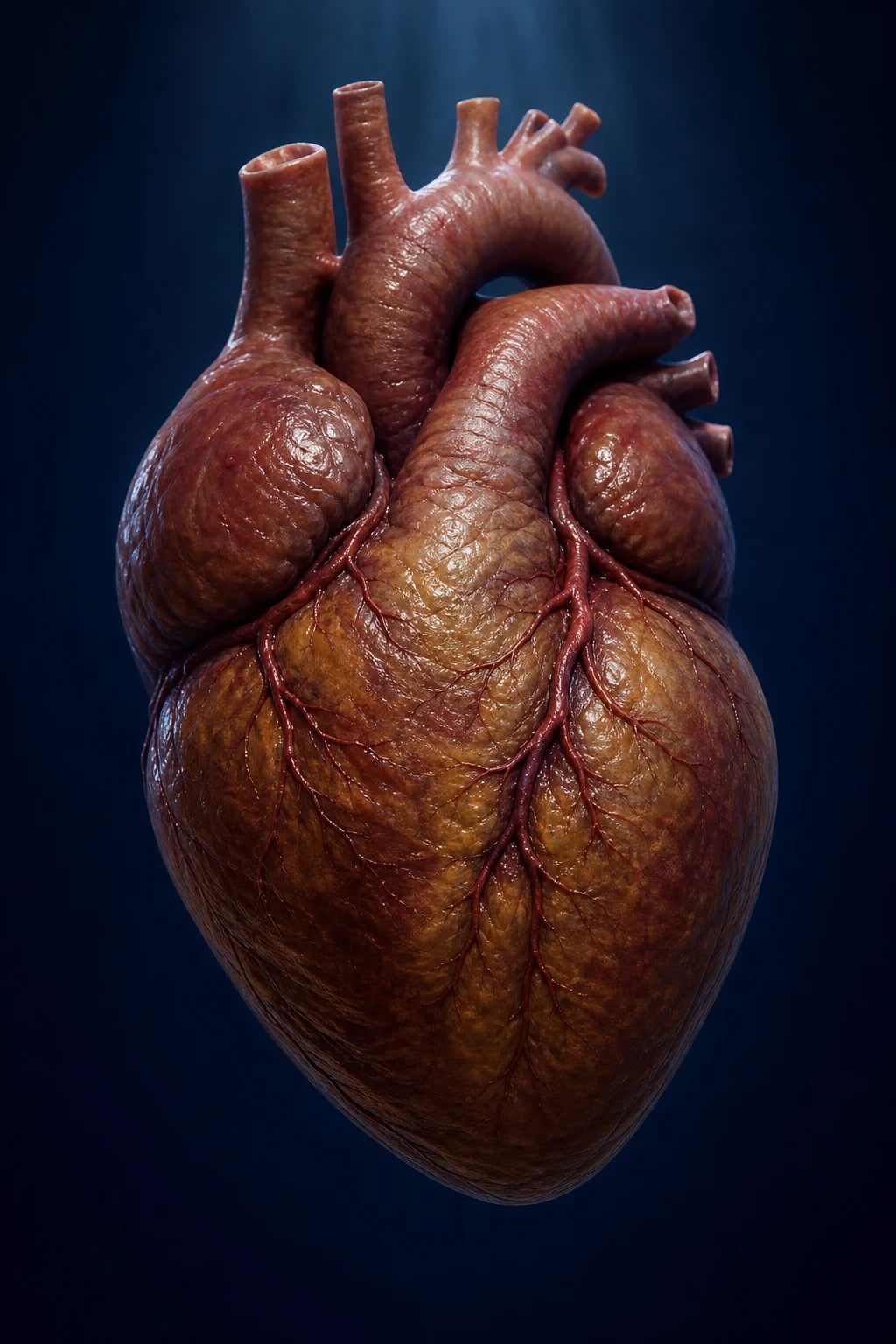 Cinematic 3D cross-section of two thick-walled, stiff ventricles with infiltrated granular myocardium and massively dilated atria, restrictive diastolic filling, deep navy background