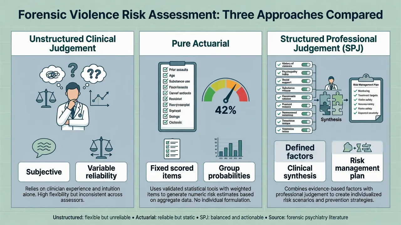 Three-panel comparison of unstructured clinical judgement, pure actuarial assessment, and structured professional judgement