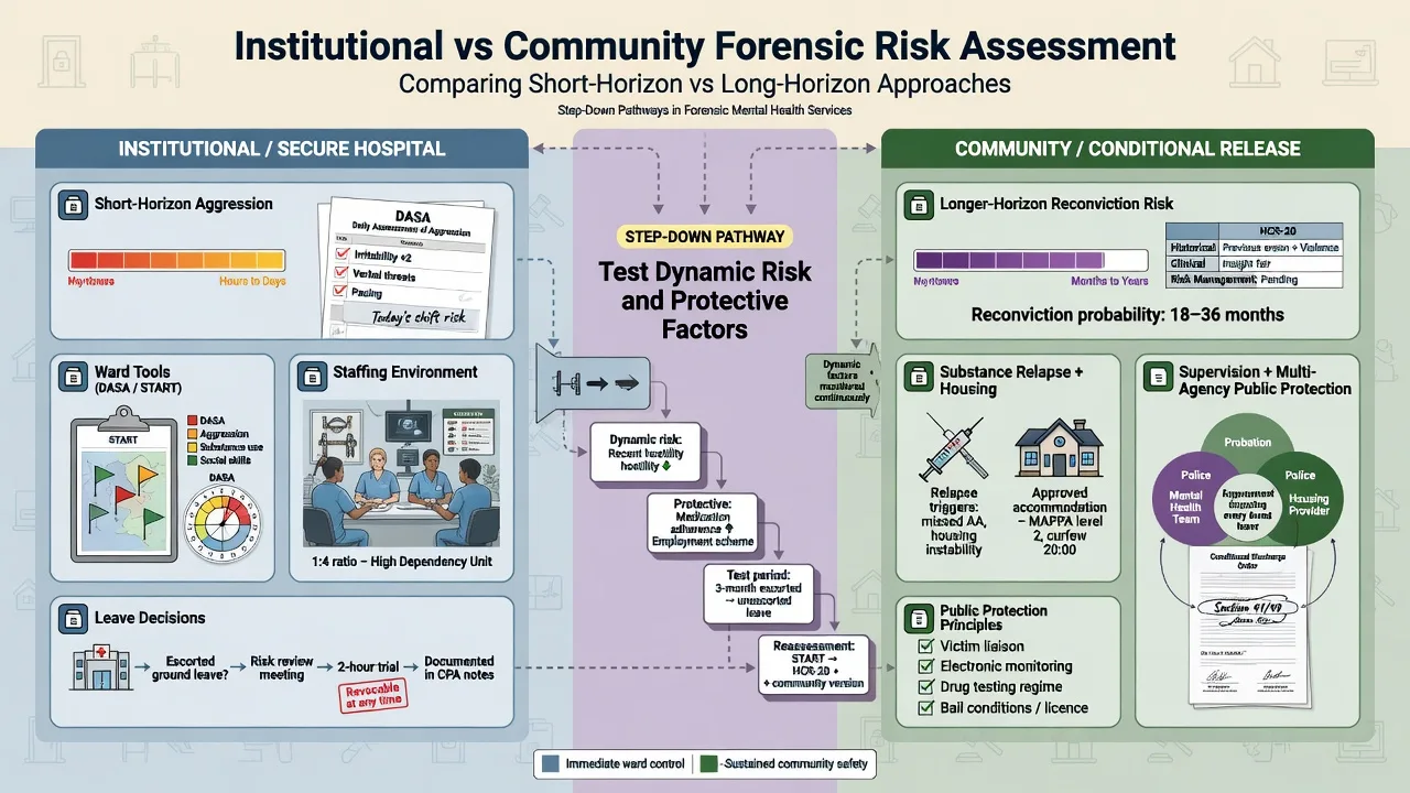 Comparison of institutional secure hospital risk focus versus community conditional release risk focus with step-down bridge