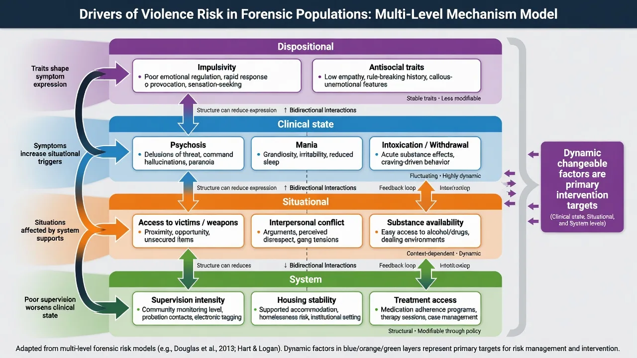 Four-layer model of dispositional clinical situational and system drivers of forensic violence risk