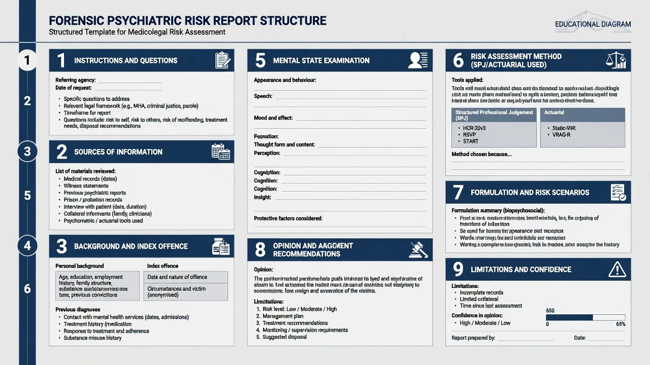 Numbered template of forensic psychiatric risk report sections from instructions to limitations