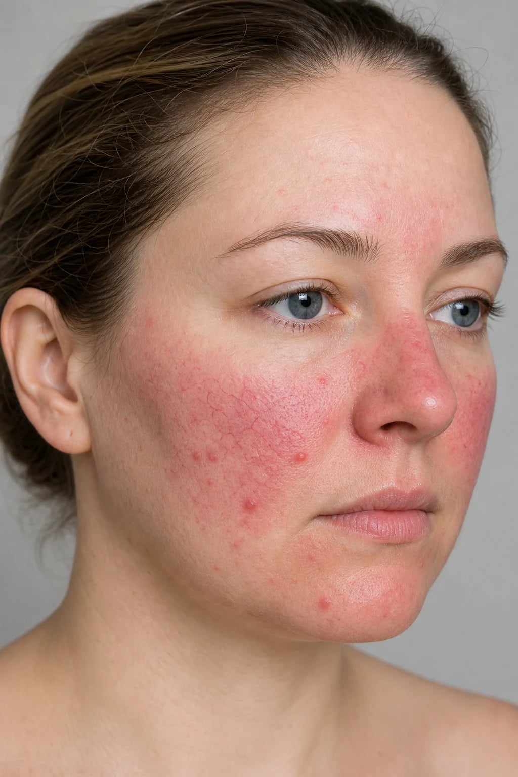 Close-up medical illustration of a face with centrofacial erythema, papules, pustules and fine telangiectasia on the cheeks and nose