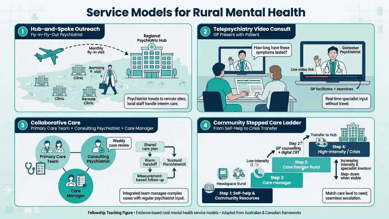 Four-panel diagram of hub-and-spoke FIFO, telepsychiatry, collaborative care, and stepped care for rural mental health