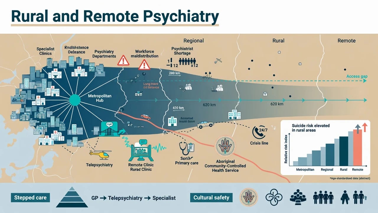 Infographic of rural and remote psychiatry showing metro-to-remote gradient, workforce gap, telepsychiatry bridge, and suicide risk markers