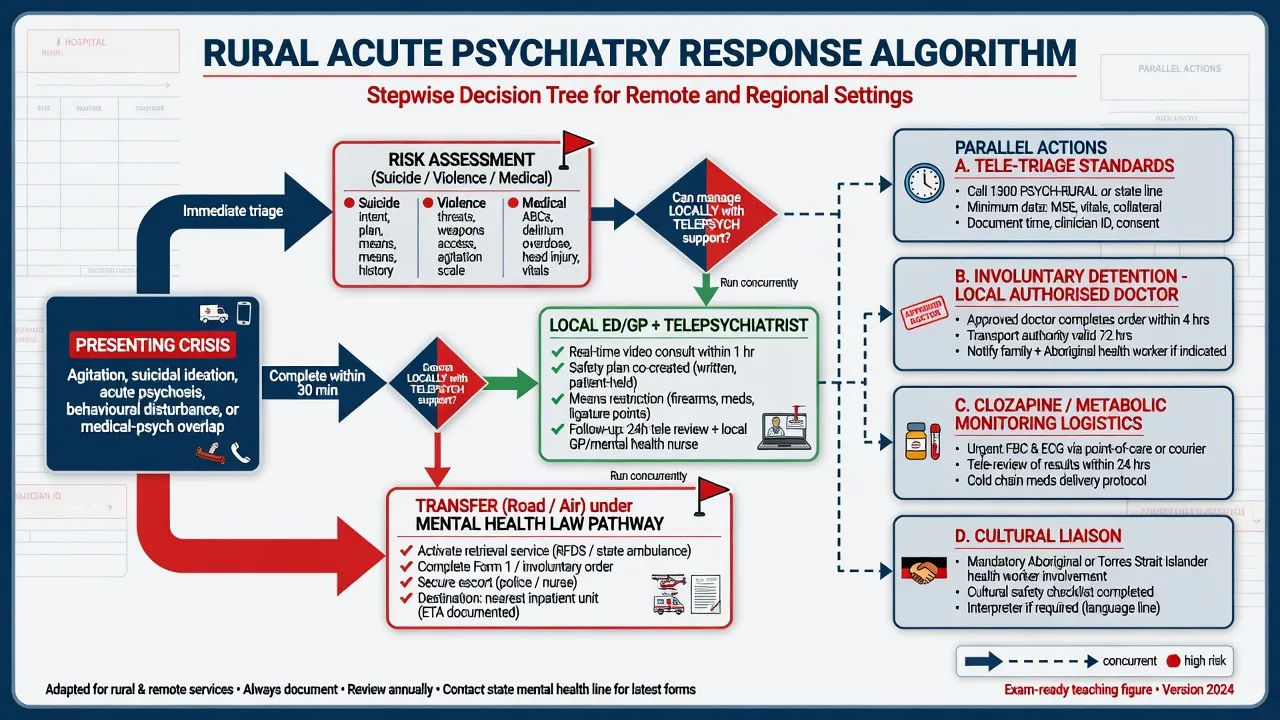 Algorithm for rural acute psychiatry from crisis presentation through tele support local management or retrieval transfer