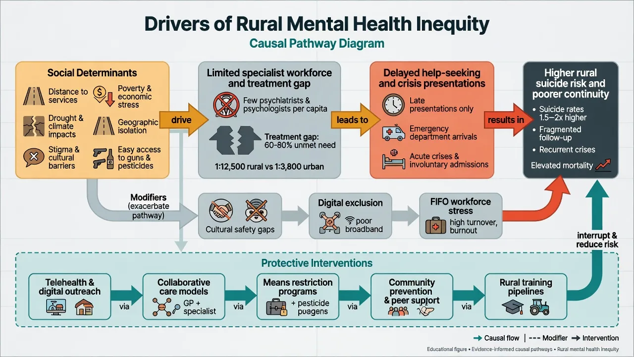 Causal flowchart from social determinants and workforce scarcity to treatment gap delayed care and rural suicide risk with protective interventions