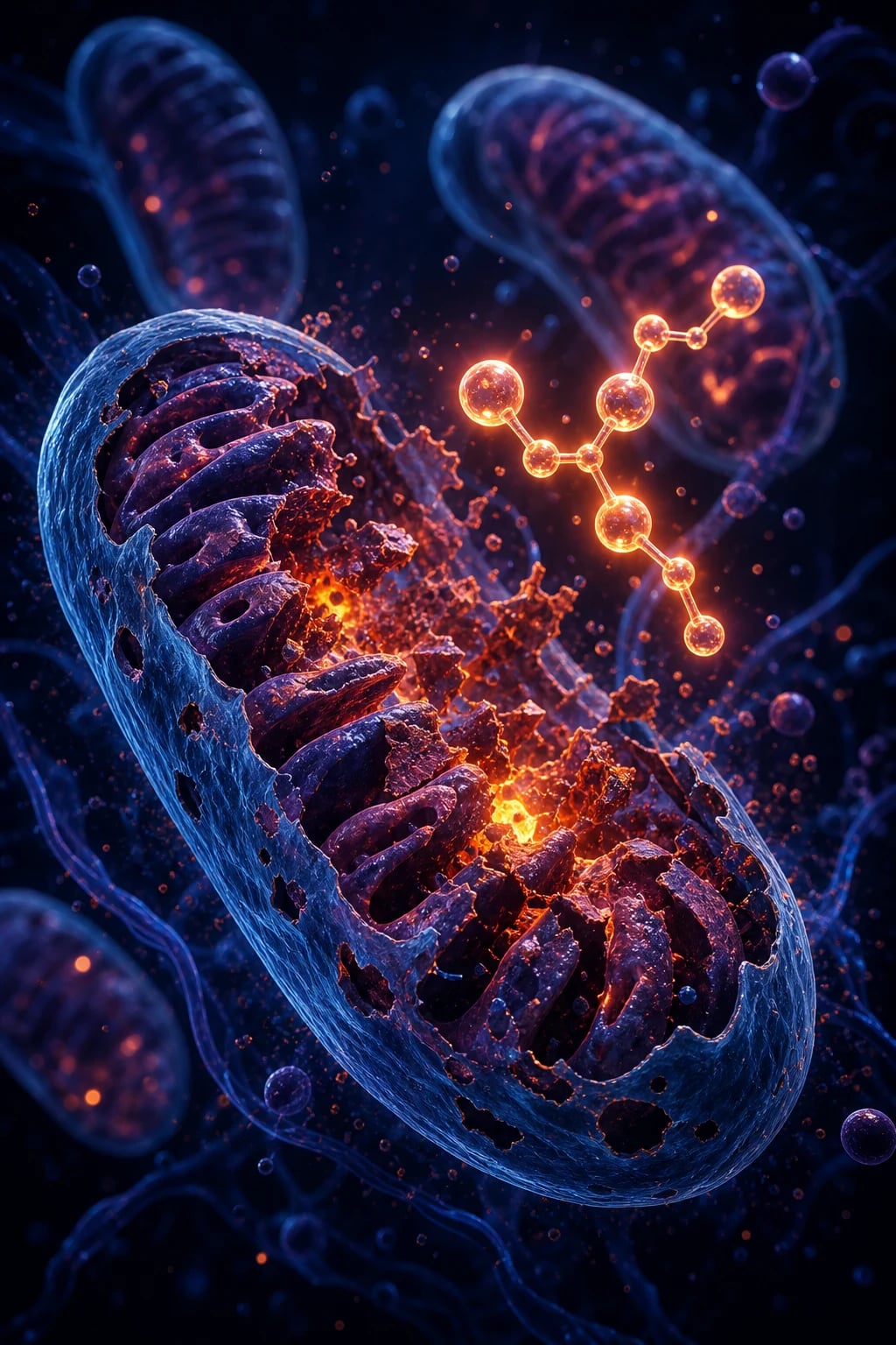 Cinematic abstract medical illustration of salicylate (aspirin) overdose on a deep navy background showing an aspirin tablet dissolving into salicylate molecules that affect the brainstem respiratory centre, mitochondria, and kidney tubule, with tinnitus icon and mixed acid-base blood gas panel