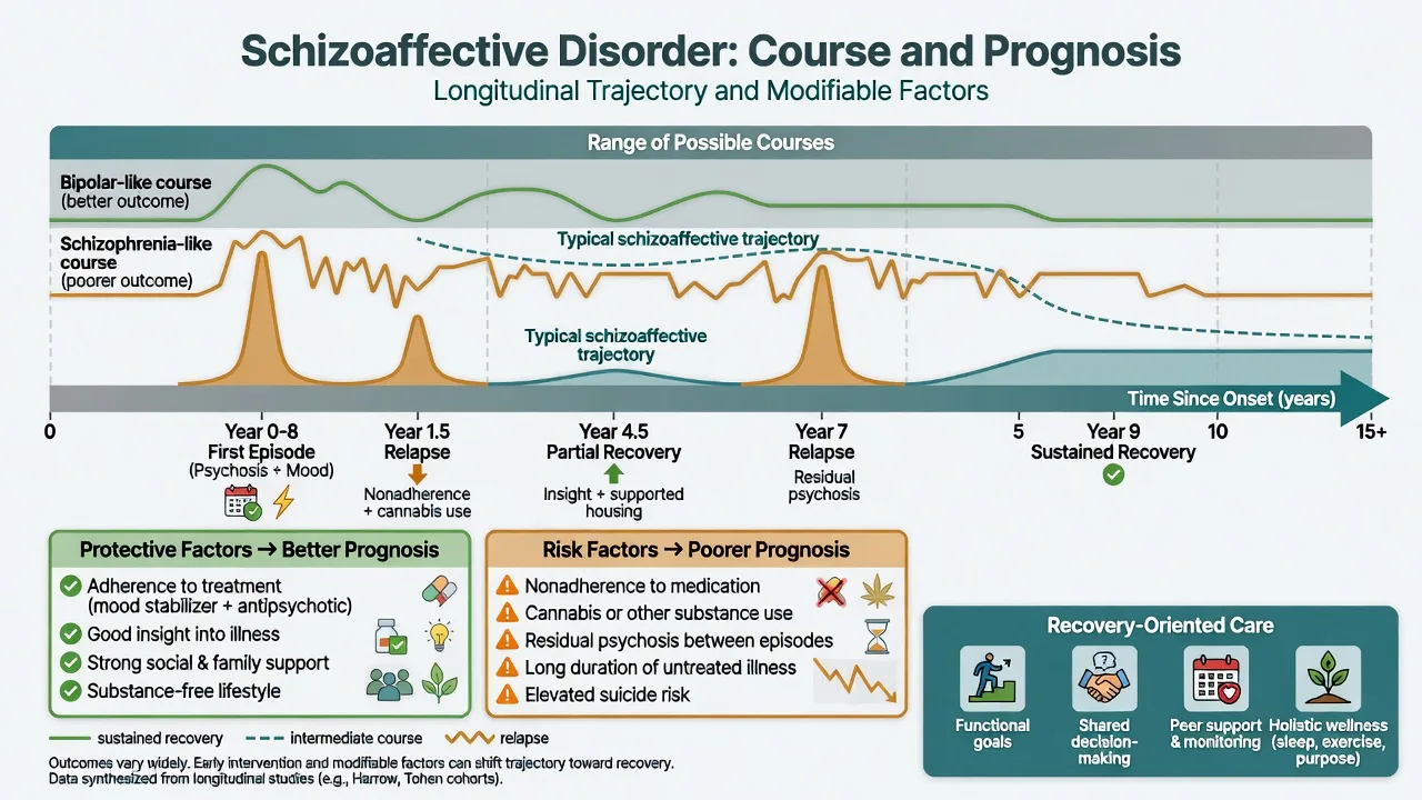Course and prognosis diagram showing intermediate trajectories and protective versus risk factors