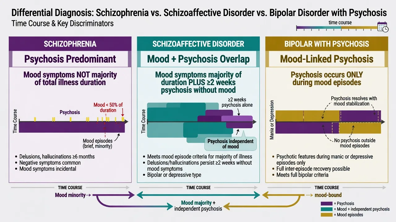 Three-column differential map comparing schizophrenia, schizoaffective disorder, and bipolar with psychosis