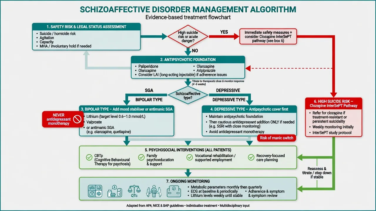 Stepwise management algorithm for schizoaffective disorder from safety to antipsychotic foundation to type-specific mood treatment